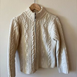 Innis Crafts Ivory White Merino Wool Zip Sweater Made in Ireland M